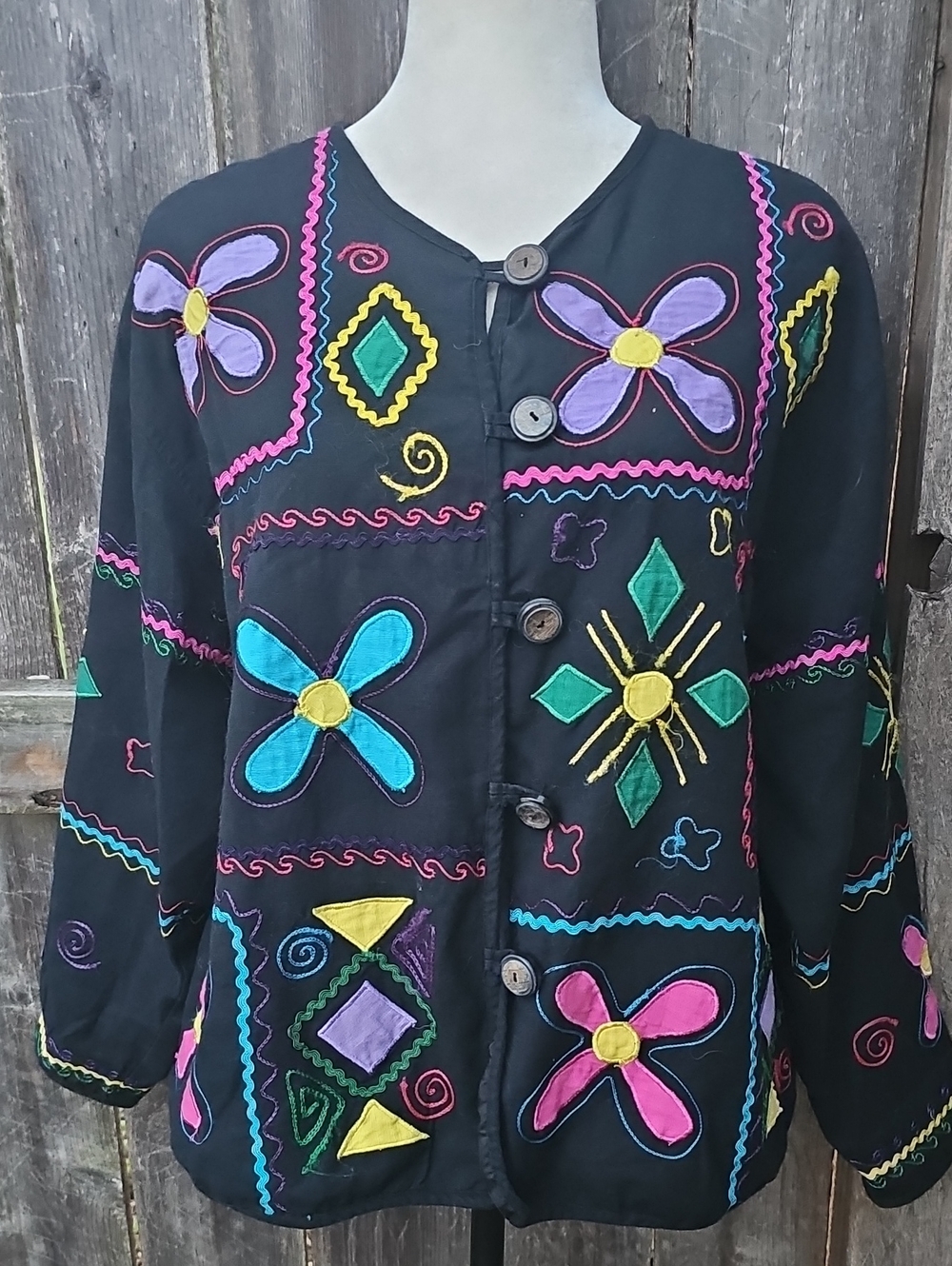 new directions Black Embroidered Multicolor Patchwork Jacket
